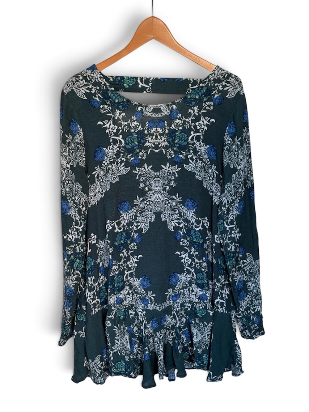 Free People Smooth Talker Tunic Floral Dress w open back ruffled drop hem L Boho